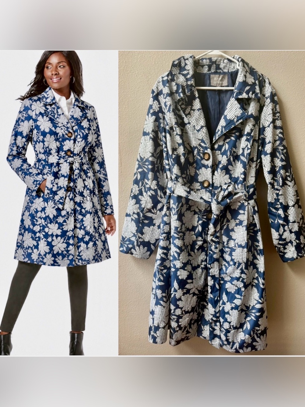 JESSICA LONDON BLUE DOTTED FLORAL TRENCH COAT OX HORN BUTTONS WOMENS Sz. 24W~NEW